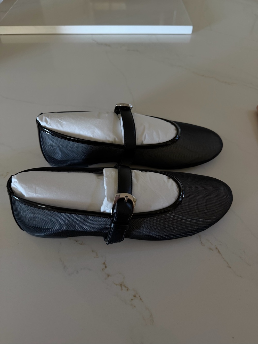 Black Mesh Mary Jane Flats with Buckle Strap